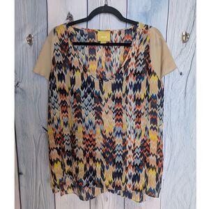 Womens's Maeve short sleeve 100% silk chevron print top size Large
